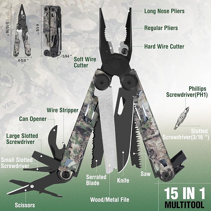 FLISSA Multitool, 15-in-1 Multi Tool Pocket Knife with Sheath, Stainless Steel EDC Multitool Pliers for Men, Camo All-in-One Tools for Camping, Fishing, Survival