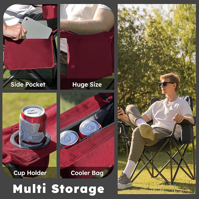Oversized Camping Chairs 2 Pack - 450lbs Support Heavy Duty Folding Camp Chair Wide Portable Outside Collapsible Chairs with Carry Bag,Cooler,Cup Holder for Outdoor,Lawn,Sports,Baseball,Soccer-Red
