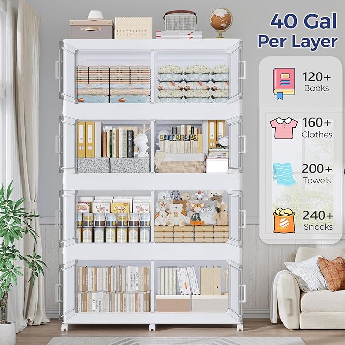 160GAL Extra Large Storage Bins with Lid, 640Qt Stackable Closet Organizers and Drawers, Collapsible Storage Bins with Wheels, Folding Storages Cabinet for Home Bedroom Office, 4Pack White