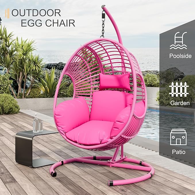 Oversized Hanging Egg Chair Outdoor Indoor, Wicker Swing Egg Chair with Stand 400lbs Capacity for Bedroom, Patio, Garden and Balcony (Pink-Regular, Oversize)