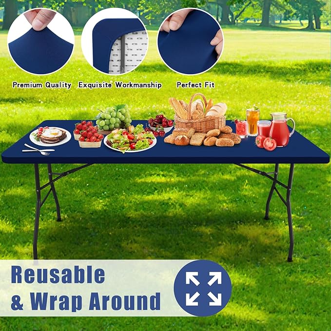 Spandex Picnic Table Cloth 2 Pack, Elastic Fitted Tablecloths for 8 Foot Rectangle Tables, Stretch Washable Patio Table Cover for Outdoor, Camping, Banquet and Parties (Navy, 30"x96")