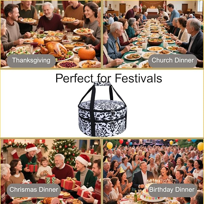 Round Insulated Pie Carrier – Double Decker Thermal Portable Lunch Transport Cake Dish Container Bag Keep Food Hot/Cold/Fresh for Potlucks Parties Gathering/Cookouts/Church Dinner/Outdoor Events-Black
