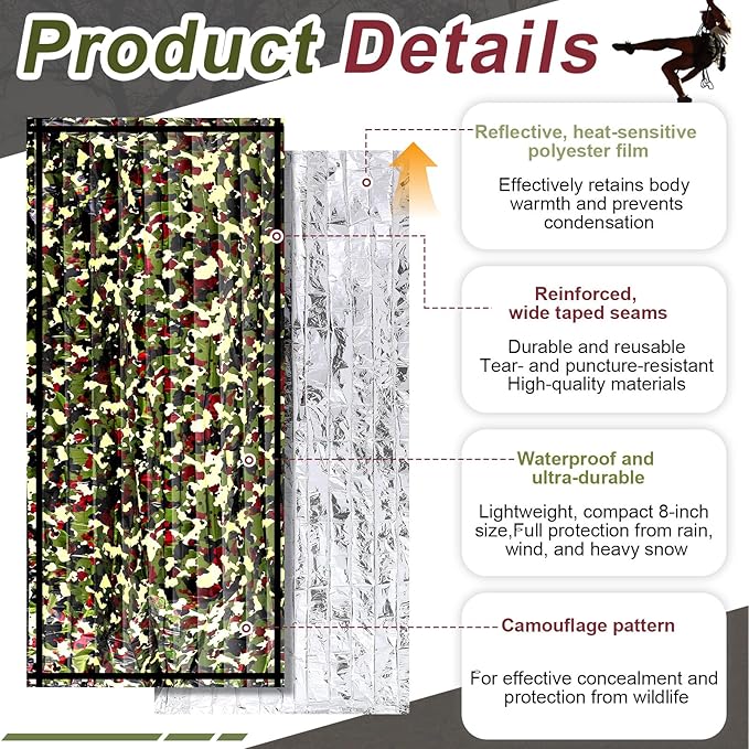 Preboun 20 Pcs Emergency Sleeping Bag Portable Lightweight Survival Bag Thermal Bivy Sack Waterproof Emergency Blanket Survival Gear for Outdoor Camping Hiking Homeless People Shelter (Camouflage)