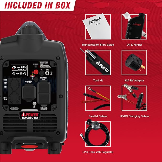 A-iPower 2300-Watt Portable Inverter Generator Dual Fuel, RV Ready, CARB Compliant CO Sensor, Light Weight With Telescopic Handle For Backup Home Use, Tailgating & Camping (SUA2301iD)