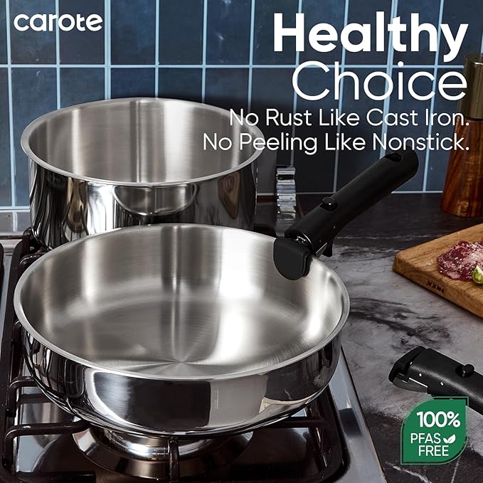 CAROTE 14pcs Stainless Steel Cookware Set with Detachable Handle, Nonstick Pots and Pans Set, Induction Kitchen Cookware Sets with Removable Handle, RV Cookware Set, Oven Safe, Camping Cookware, Black