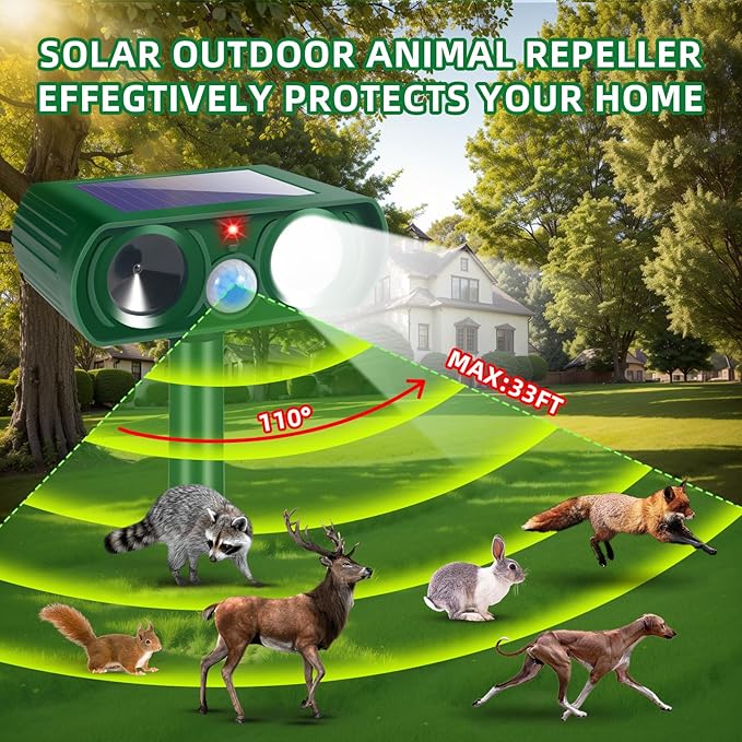 4Pack Solar Ultrasonic Animal Repellent Outdoor Deer Repellent Devices with Motion Detection&Flash Light Squirrel Cat Raccoon Rabbit Dog Deterrent,Keep Rodent Chipmunk Squirrel Away for Yard Garden