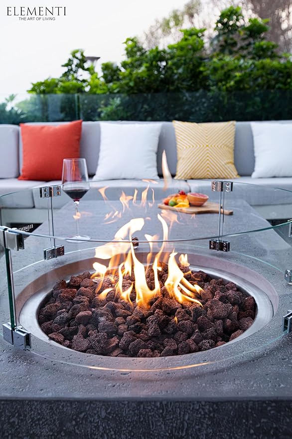 Elementi | Bundle Metropolis Gas Fire Pit Cast Concrete 56" Rectangular Fire Table, Outdoor Fire Pit Electronic Ignition | Canvas Cover, Lava Rock Included | Light Gray (Propane Gas)