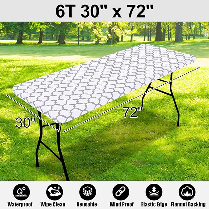 Smiry Rectangle Picnic Table Cover, Waterproof Elastic Fitted Camping Tablecloths for 6 Foot Tables, Wipeable Flannel Backed Vinyl Tablecloth Protector for Indoor, Outdoor (White, 30x72 Inches)
