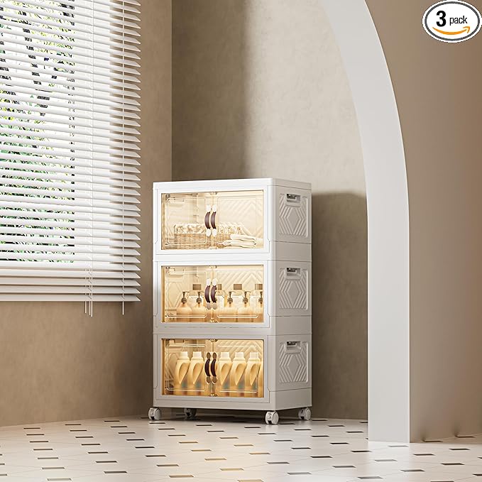 108 QT / 27 Gal Stackable Storage Bins (1 Lid) w/Wheels & Magnetic Doors, Collapsible Plastic Organizer Cabinet for Closet Office Garage - White Storage Containers