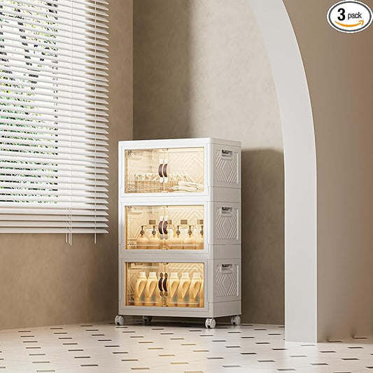 108 QT / 27 Gal Stackable Storage Bins (1 Lid) w/Wheels & Magnetic Doors, Collapsible Plastic Organizer Cabinet for Closet Office Garage - White Storage Containers