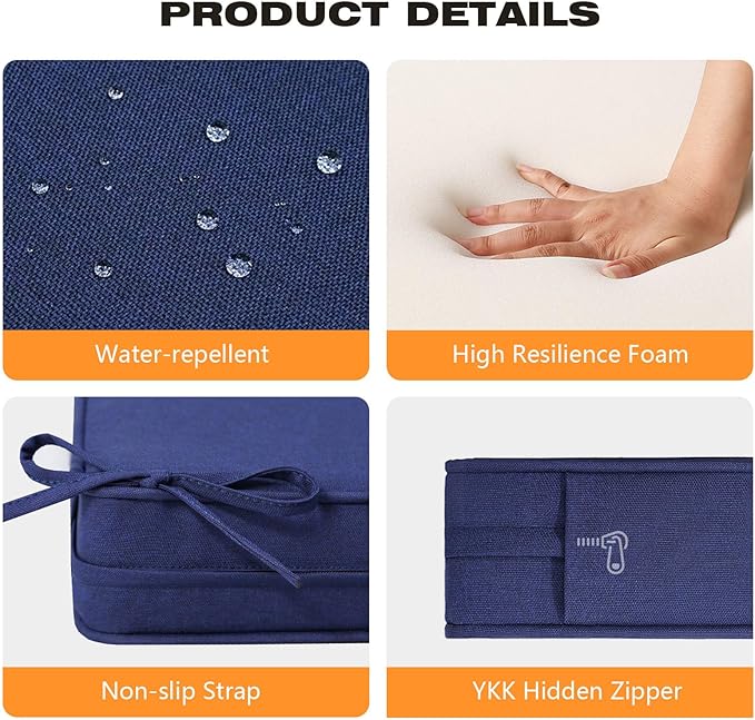 Square Corner Seat Cushions, 18.5" x 16" x 3", Set of 4, Indoor Outdoor Water Repellent Universal Chair Pads with Ties for Patio Furniture, Garden Deck Dining Chairs, Navy