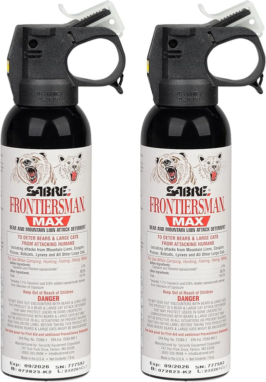 SABRE Frontiersman MAX Bear Spray – 40 ft Range, Maximum Strength, The Only EPA-Registered Spray for Bears & Mountain Lions, 7.9 oz, Glow Safety Clip, Outdoor Hiking & Camping Protection