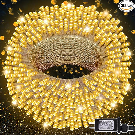 LJLNION 300 LED String Lights Outdoor Indoor, Extra Long 98.5FT Christmas Lights, 8 Lighting Modes, Plug in Waterproof Fairy Lights for Wedding Party Bedroom Decorations (Warm White)