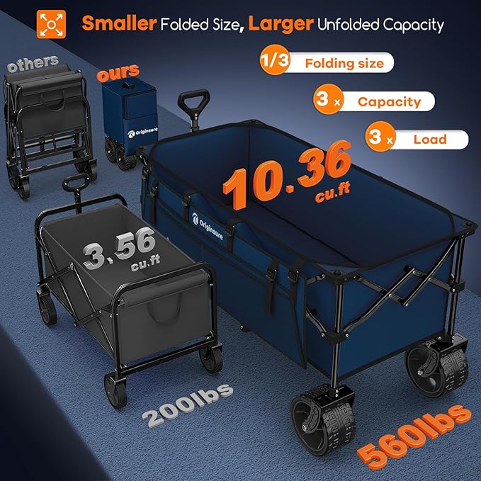 48" L Collapsible Wagon Cart Foldable, 560LB Weight Capacity 300L Heavy Duty Folding Beach Wagons with Big All-Terrain Wheels, Utility Carts for Groceries, Shopping, Camping, Sports - Blue