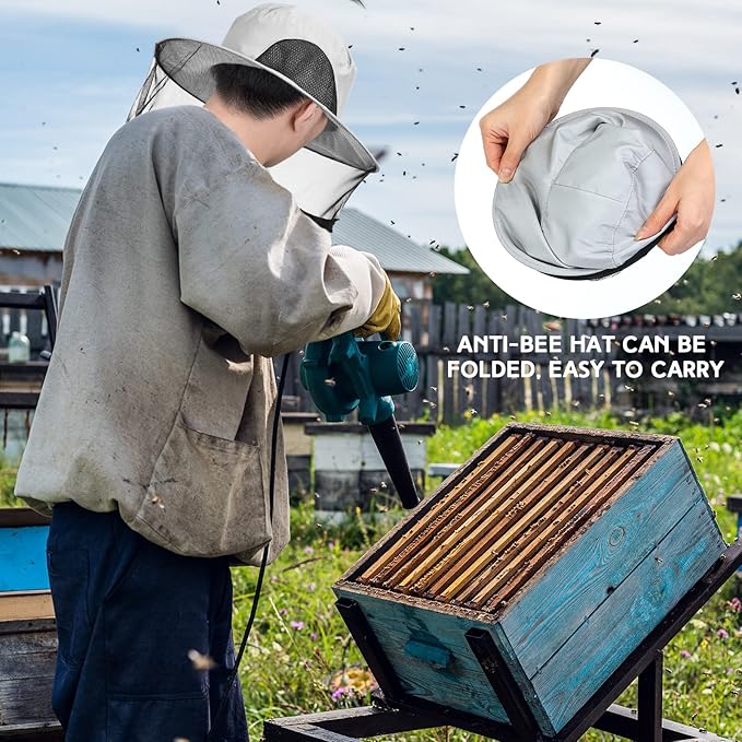 Xuhal Bee Keeping Hats and Gloves Includes Thick Goatskin Leather Bee Gloves with Ventilated Sleeves and Bee Keeper Fencing Veil Mosquito Hats Sun Hat with Hidden Net Mesh Mask