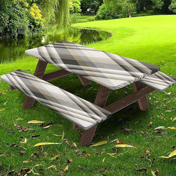 CAPSCEOLL Picnic Table Cover with Bench Covers 8Ft Farm Plaid Waterproof Camping Tablecloth All-Weather Outdoor Table Protector with Drawstring Bag for Camping Essentials, 96X30In, Grey White