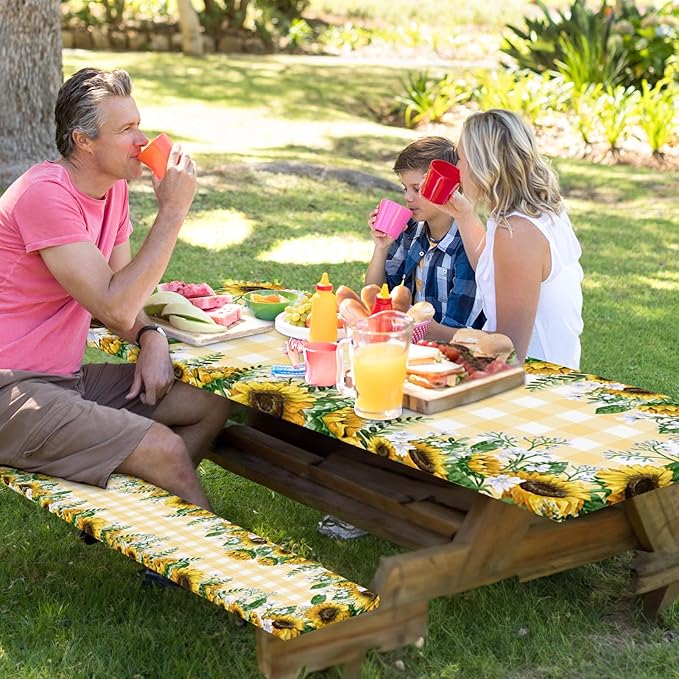 Picnic Table Cover with Bench Covers Elastic Edges, Yellow Fitted Table Cover, Outdoor Patio Camping Essentials 72 Inch 3PCS, Waterproof Camping Fitted Tablecloth with Drawstring Bag