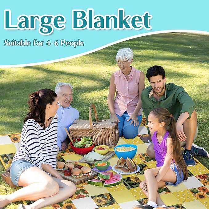 Checkered Picnic Blankets Waterproof Foldable, 60″X80″Sunflower Picnic Mat Outdoor Blanket for Grass, Cute Bee Thick Beach Blanket Sandproof Picnic Accessories for Camping Party Park Patio
