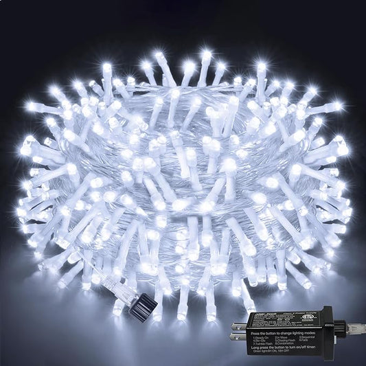 Ollny Christmas Lights Outdoor 200LED 60FT, Cool White Connectable Plug in Fairy Light Indoor, 8 Modes Waterproof Timer Plug in LED String Lights for House Outside Bedroom Patio Balcony