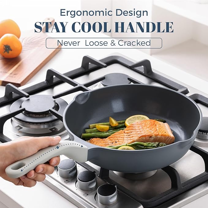 Ceramic Nonstick Deep Saute Pan with Lid, 12 Inch/4.8 QT Non Toxic Pans with Double Pour Spout, Helper Handle and Lid, Metal Utennsil Safe, Dishwasher Safe, (Gray)