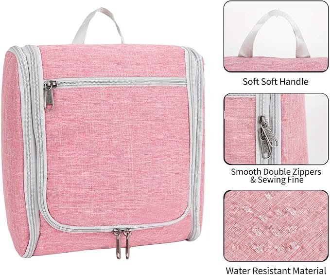 Della Gao Big Capacity Portable Travel Hanging Toiletry Bag Men and Women, Cosmetics Makeup Bag Toiletries Organizer, Water-Resistant Nylon Bathroom Bag, Pink