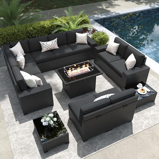 LayinSun 13 Pieces Outdoor Patio Furniture Set with 44" Fire Pit Table Rattan Sectional Sofa Conversation Sets