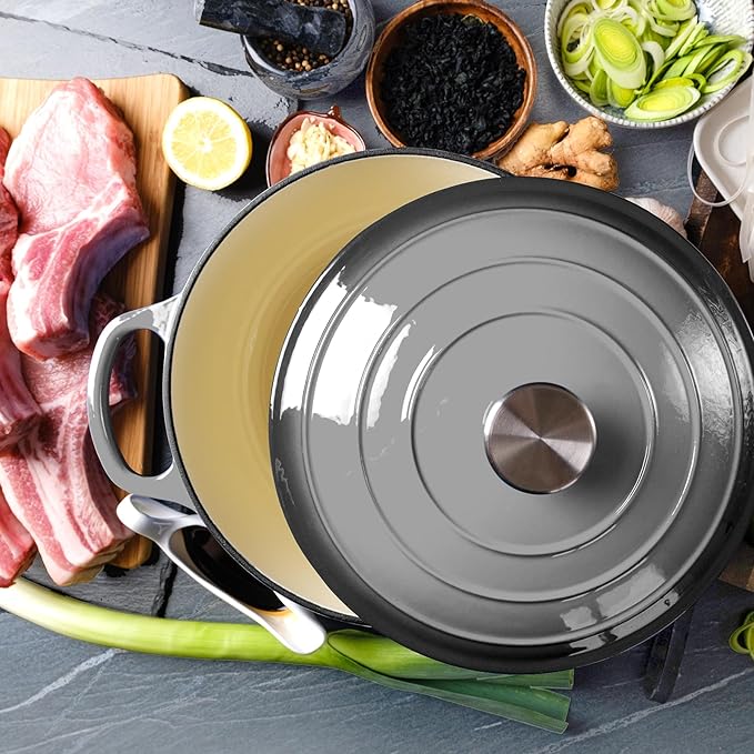 6 Quart Dutch Oven Enameled Cast Iron with Lid - Big Dual Handles - Oven Safe up to 500°F - Classic Round Pot for Versatile Cooking (Light Gray, 6 QT)