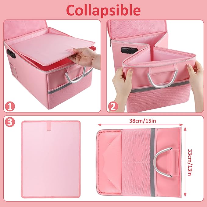 Fireproof Document Box, Fireproof Organizer Safe Box with Lock, Portable Office Storage Cabinet for Hanging Letter/Legal Folder 16.1 x 12.9 x 11in(Pink)