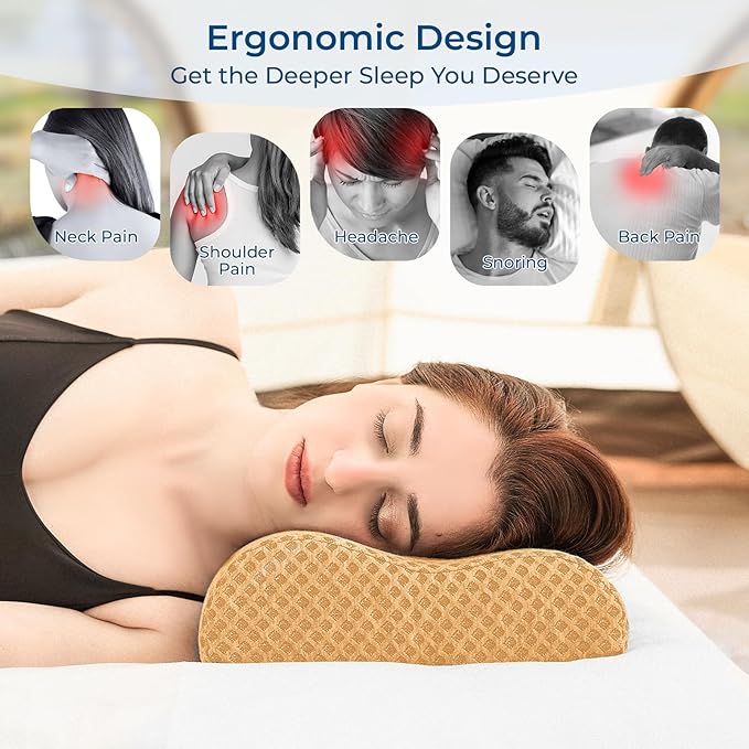 Travel Pillow Memory Foam Pillows, Ergonomic Wave Cervical Neck Pillow for Neck Pain Relief, Compressible Medium Firm Side Sleeper Pillow, Ideal for Camping, Office, Home & Bed (Orange, S)
