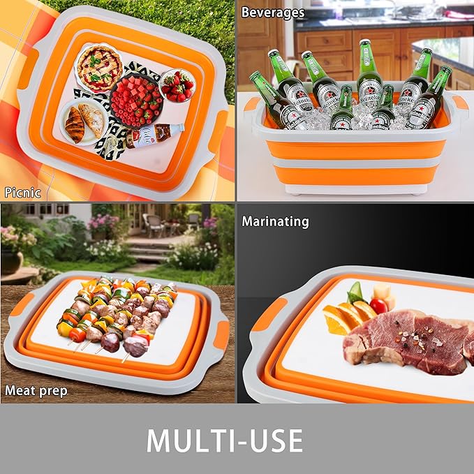 Tiawudi Large Collapsible BBQ Prep Tub with Lid(4.22 Gal/16L), Foldable Camping Sink with Colander, Cutting Board, Dish Basin for Kitchen, Bowl, Vegetable and Fruit, Storage Basket for Picnic