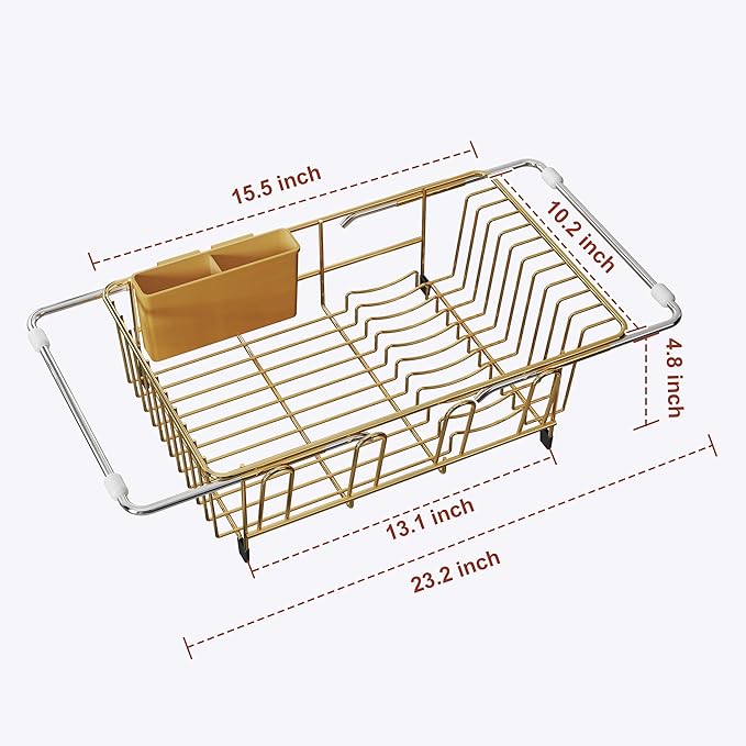 Sink Dish Drying Rack, Expandable Stainless Steel Dish Rack Over Sink, Kitchen Sink Drain Strainer with Cutlery Holder & Cup Holders, Space Saving Plates Dryer Rack, Gold