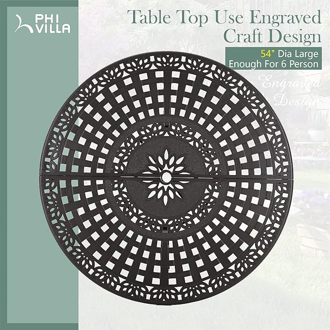 PHI VILLA Cast Aluminum Round High Bar Dining Tables for 6 Person, 54" Dia Engraved Cast-Top Aluminum Table with 2.1" Umbrella Hole, Patio Bar Height Table for Lawn Garden