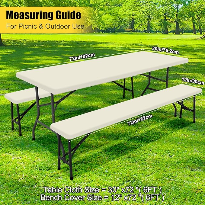 Smiry Picnic Table Cover with Bench Covers, Waterproof Elastic Fitted Polyester Tablecloths for 6 Ft Rectangle Tables, Washable Windproof Tablecloth for Camping, RV & Outdoor (Beige, 30x72 Inches)