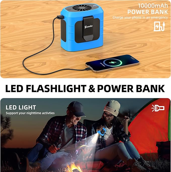 Zeadio Portable Waist Clip Fan, 4 Speeds 10000mAh Operated Hands-free Wearable Necklace Fan, with Lighting and Charging Function for Hot Flashes Home Office Travel Outdoor Sports - Blue