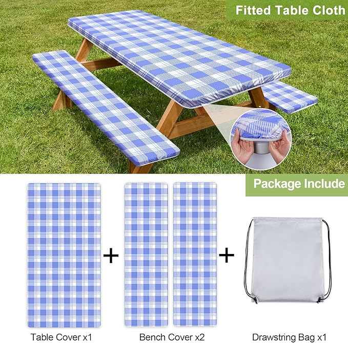 Picnic Table Cover with Bench Covers Camping Essentials Waterproof Windproof Camping Tablecloth with Drawstring Bag, Fitted Rectangle Tables and Seats, 96in, Light Blue Checkered