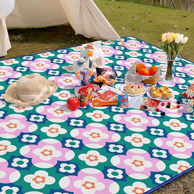 Block Floral Picnic Blankets Waterproof Foldable, 60″X80″Boho Thick Picnic Mat Outdoor Blanket for Grass,Cute Beach Blanket Sandproof Picnic Accessories for Camping Picnic Party Park Hiking