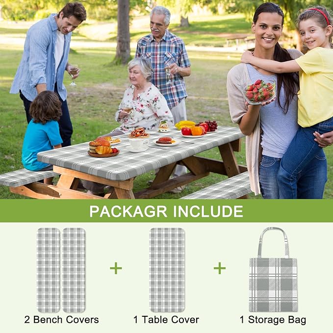 Picnic Table Cover with Bench Covers Camping Tablecloth with Storage Bag Windproof Waterproof Picnic Table Covers with Elastic for Camping