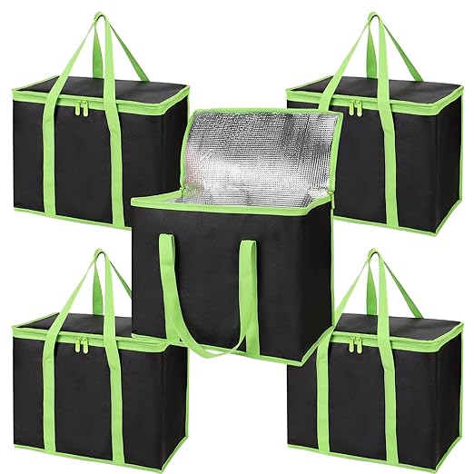 Bodaon 5-Pack Cooler Insulated Food Delivery Bag, Thermal Hot Pizza，X-Large Bags With Top Zippered for Grocery/DoorDash/Catering/Shopping, Large Cold Frozen Door Dash Accessories, Black-Green Edge