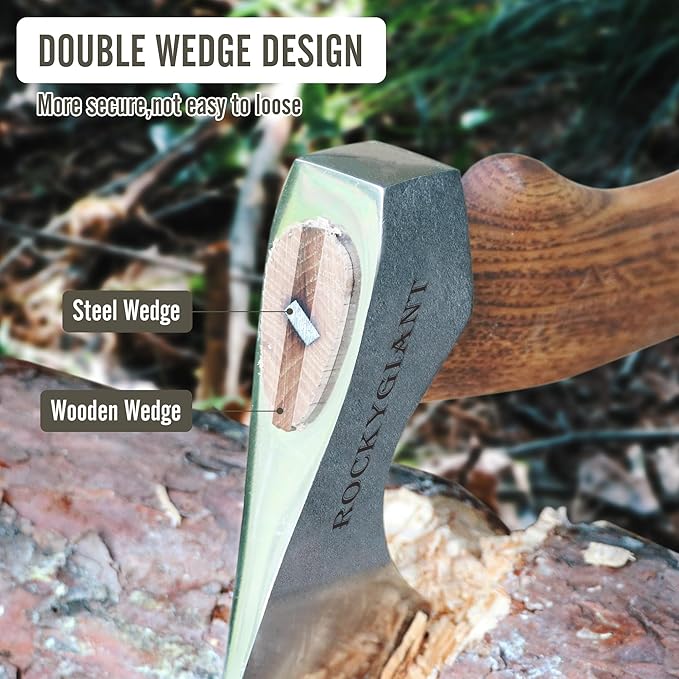 ROCKYGIANT 11'' Small Axe Hatchet, Camping Axe for Limbing or Splitting Kindling and Firewood, Hand Forged, with Leather Sheath and Hickory Wood Handle, for Outdoor Garden Forest