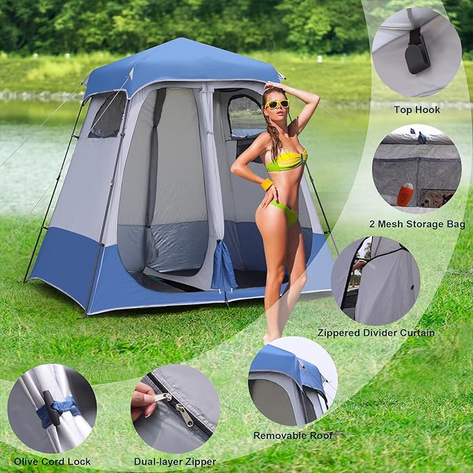 2-Room Camping Shower Tent, Instant Pop-up Privacy Shelter, Extra Large Changing Room & Toilet Tents with Ventilation, Portable Outdoor Shower with Rainfly & Floor for Dressing, Hiking, Beach, Fishing