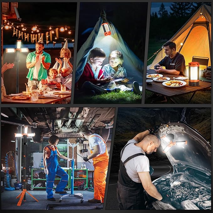 12000mAh Camping Light with Stand, Rechargeable Work Light, 10000 Lumen Dimmable Cordless Work Light with 3 LED Lamp Heads, Magnetic Emergency Flashlight with 79" Detachable Tripod