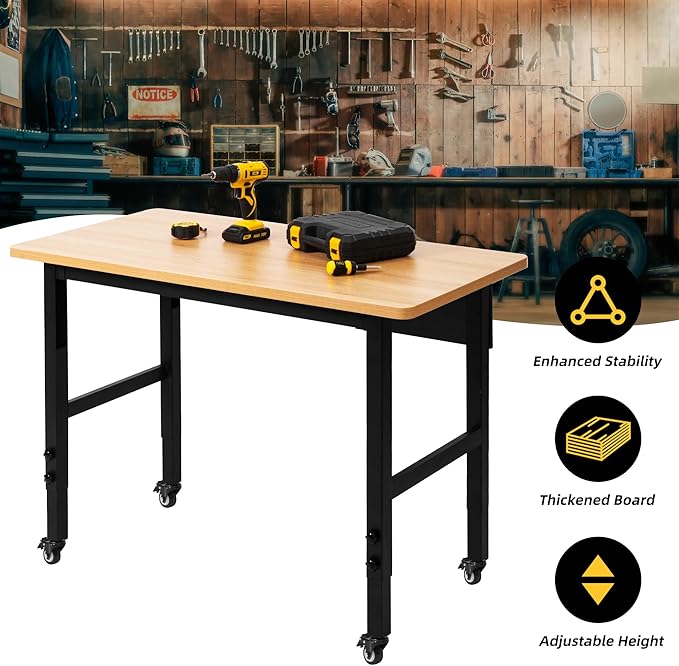 48" Adjustable Workbench with Wheels, Rolling Work Table for Garage, 2000 LBS Capacity Hardwood Work Bench, Heavy Duty Table for Workshop, Office, Garage, Home