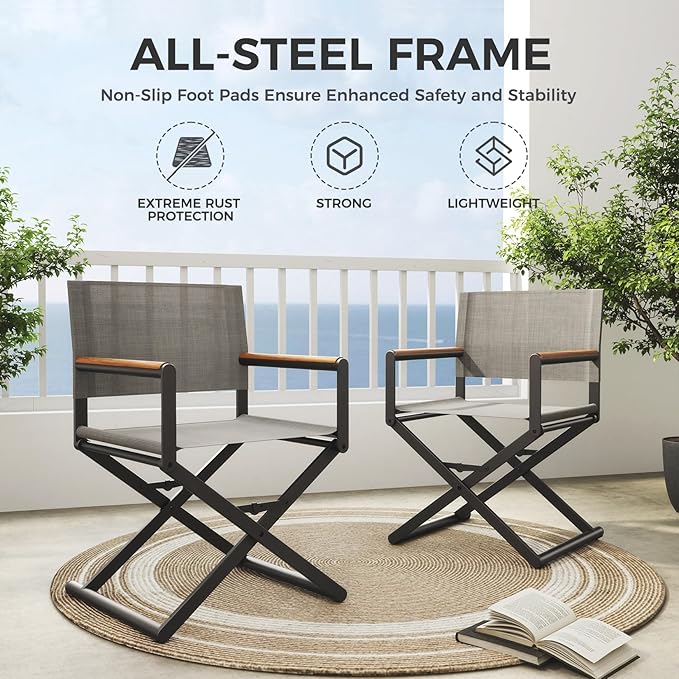 Grand patio Extra-Wide 4-Pack Directors Chairs, Folding Dining Chair Set of 4 with Sling, Woodgrain Armrests, Outdoor, Gray