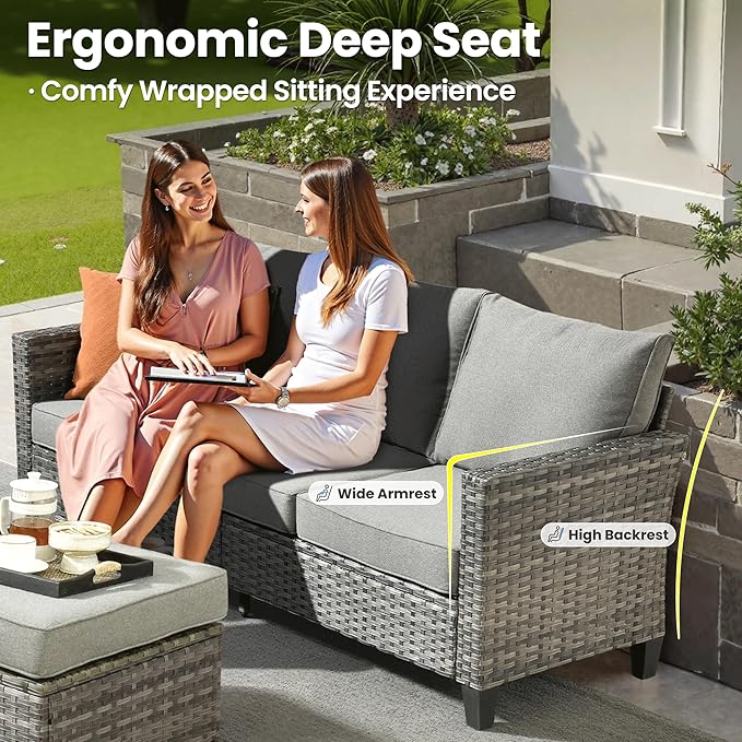 ovios 6 Pieces Patio Furniture Set with 30" Fire Pit Table, Outdoor Wicker Sofa with Comfy Cushions, All Weather High Back Rattan Couch Conversation Set, Dark Grey