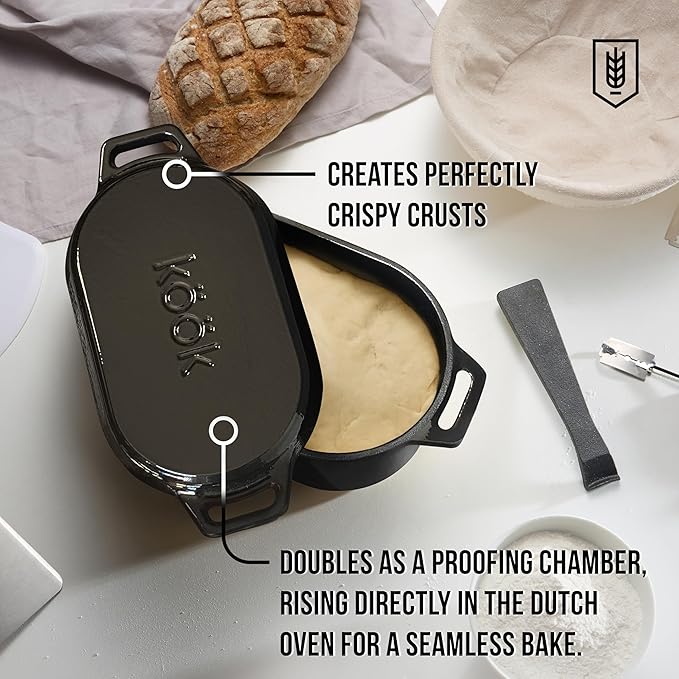 KooK Dutch Oven, for Bread Baking, Sourdough Loaf Pan, with Lid, Dual Handles, Enameled Cast Iron, includes Lid Lever, Dishwasher Safe, 3.4 Qt, Black