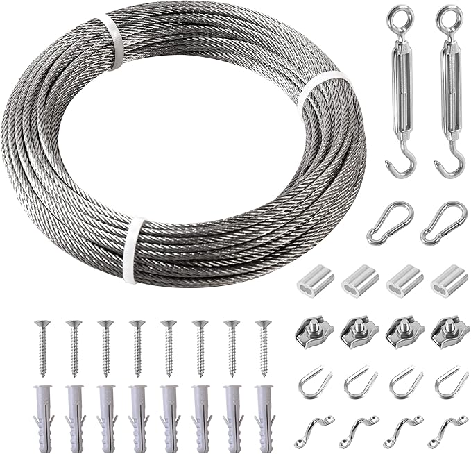Helffer 98FT Clothesline, 304 Stainless Steel String Lights Hanging Kit, Portable Retractable Heavy Duty Cable Wire Rope, Turnbuckle Tensioner Strainer for Garage, Outdoor, Indoor, Shade Sail