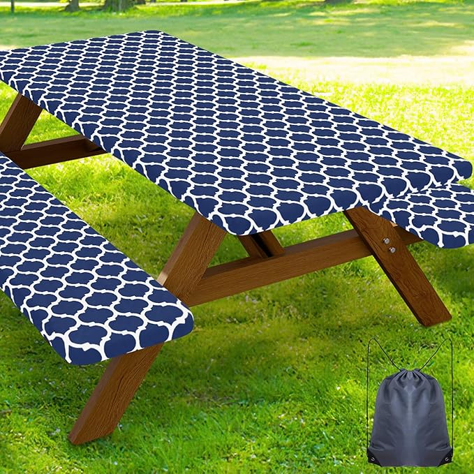 Smiry Picnic Table Cover with Bench Covers, Waterproof Elastic Fitted Tablecloth for 8 Foot Tables, Washable Polyester Tablecloths for Camping, Indoor & Outdoor (Navy Morocco, 30x96 Inch 3-pc Set)
