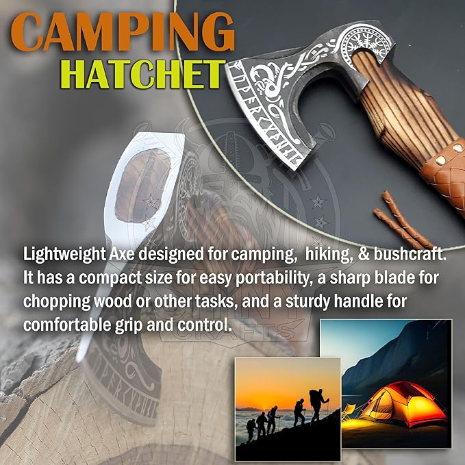 SHINY CRAFTS-Axes Handmade Viking Axe Hatchet Norse Battle Axe-Valhalla Runic Axe, Carbon Steel Viking Axe Head, Engraved Handle, Wolf Camp Axe, Genuine Leather Sheath & Wrap (VBA 06)
