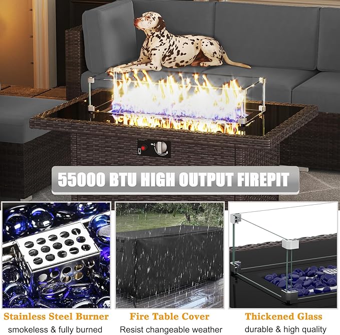 LayinSun 8 Piece Patio Furniture Set with 44" Propane Gas Fire Pit Table, Outdoor Sectional Conversation Set Wicker Rattan Sofa Set with Coffee Table