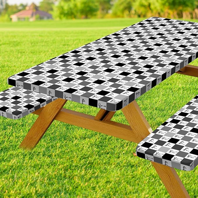 Picnic Table Cover with Bench Covers, Checkered Bownot Elastic Edges Waterproof Windproof Camping Essentials, Camping Fitted Tablecloth with Drawstring Bag, Pink White, 72in, Black White